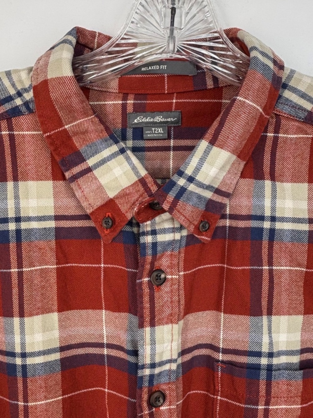 Eddie Bauer Mens 2XL TALL Button Up Shirt 100% Cotton Flannel Rust Blue Plaid - Picture 4 of 9